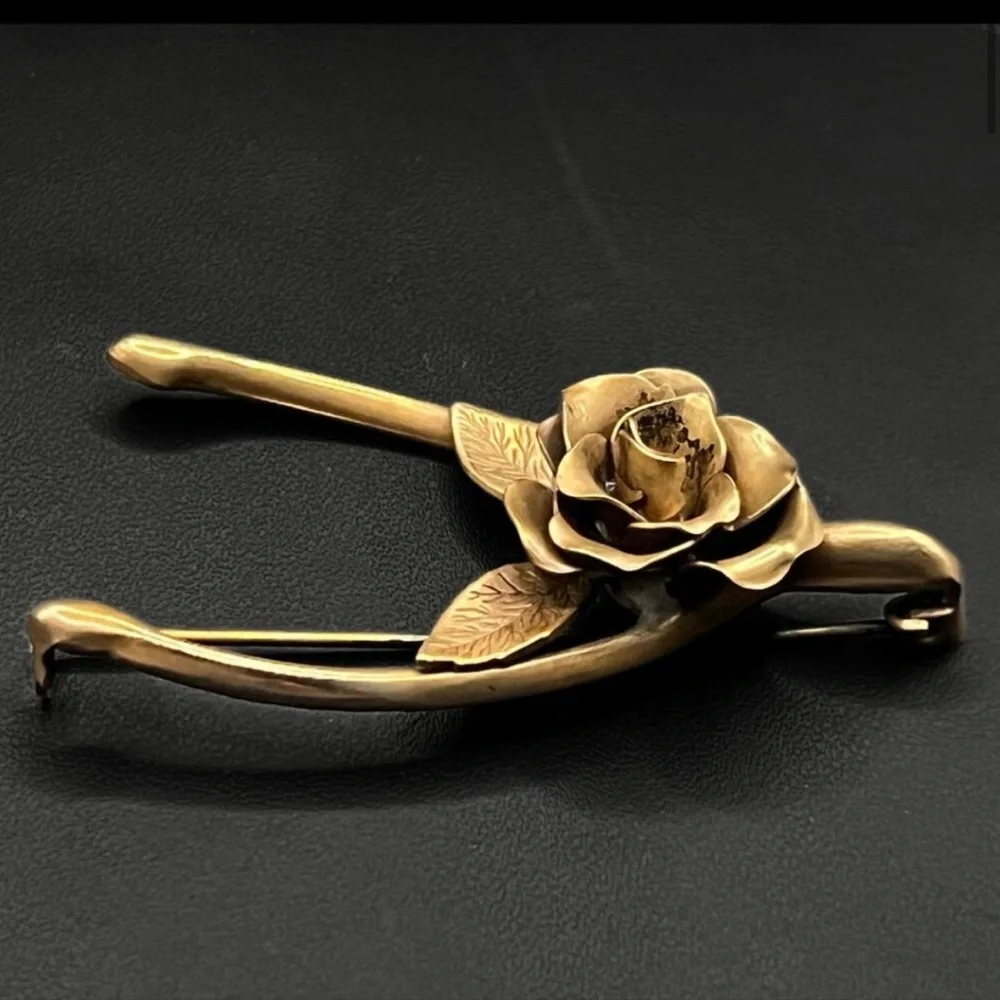 Vintage 1940s Gold Gilded Brass Wishbone Rose Brooch Pin